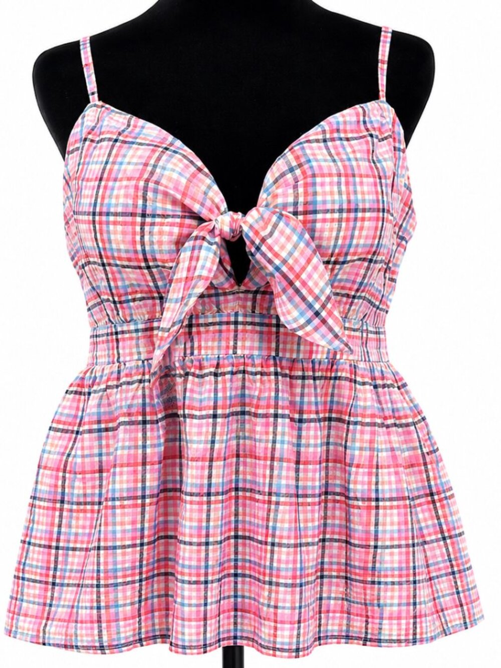 LOFT Plaid Tie Front Babydoll Cami Top Pink Blue Size M